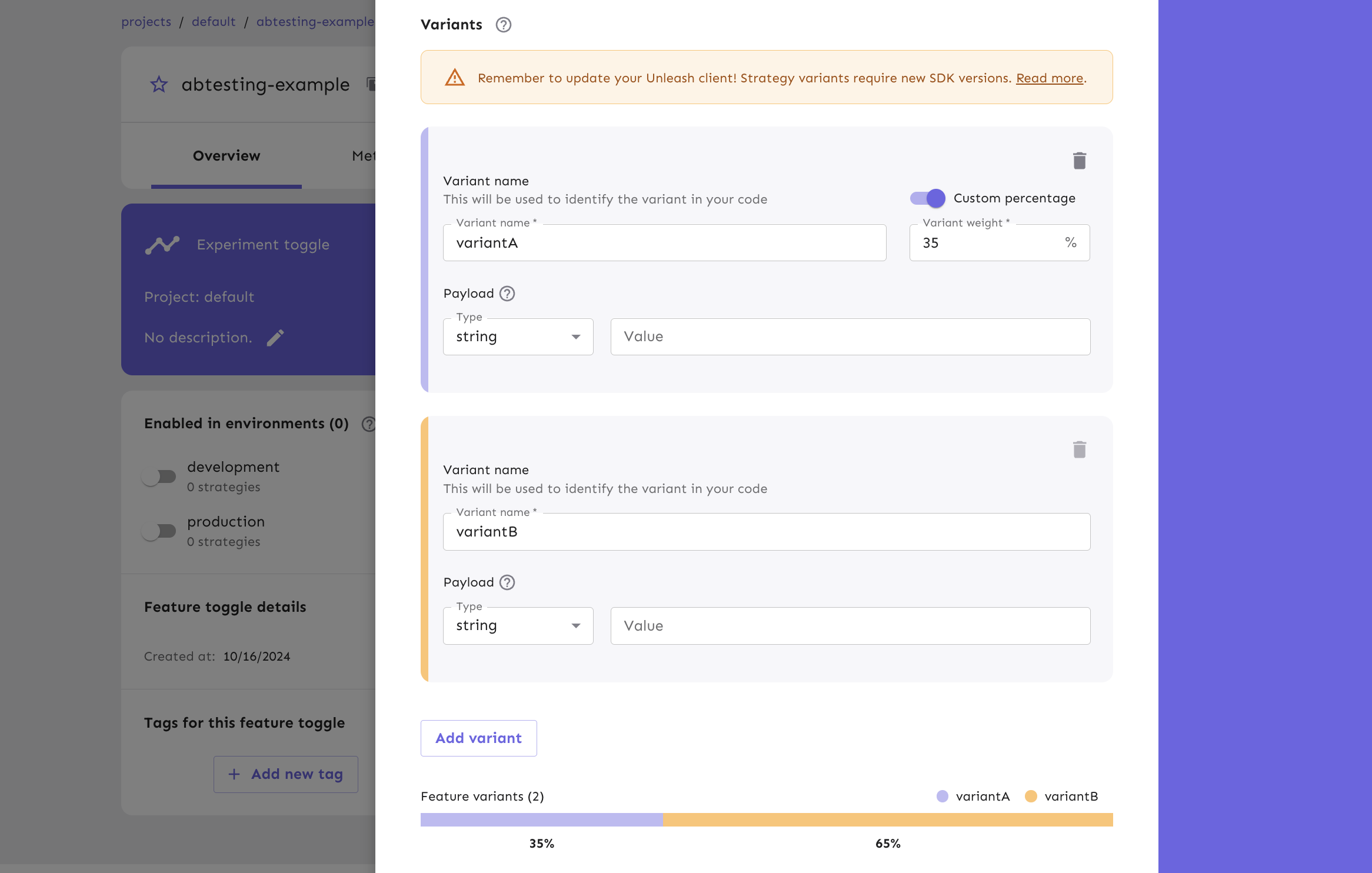 You can configure multiple strategy variants for A/B testing within the gradual rollout form.